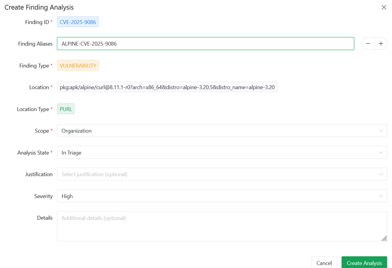 Create Finding Analysis Dialog